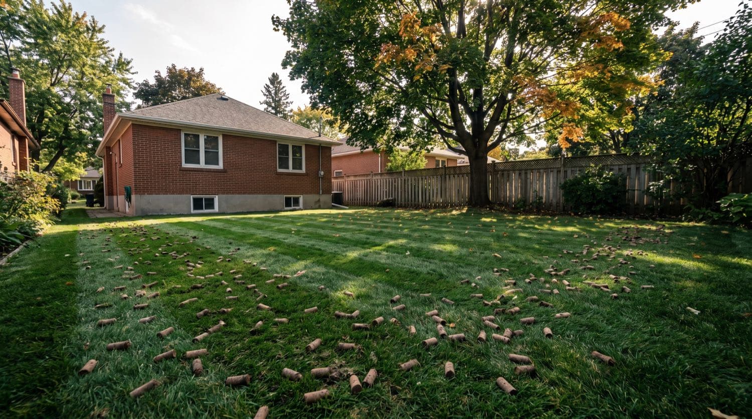 Healthy striped Toronto backyard lawn in early fall after aeration and overseeding, soil plugs visible on the grass