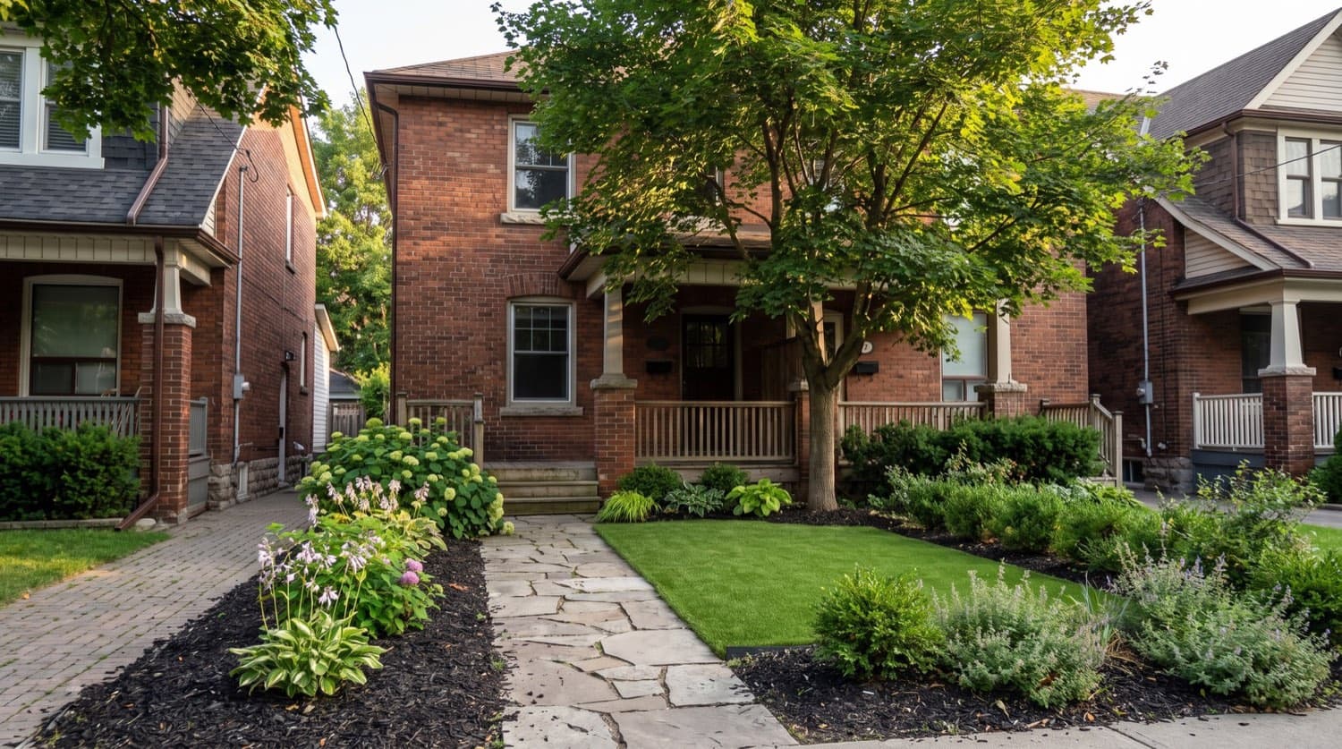 Toronto semi-detached home with an artificial grass backyard lawn and a planted, permeable front garden in summer