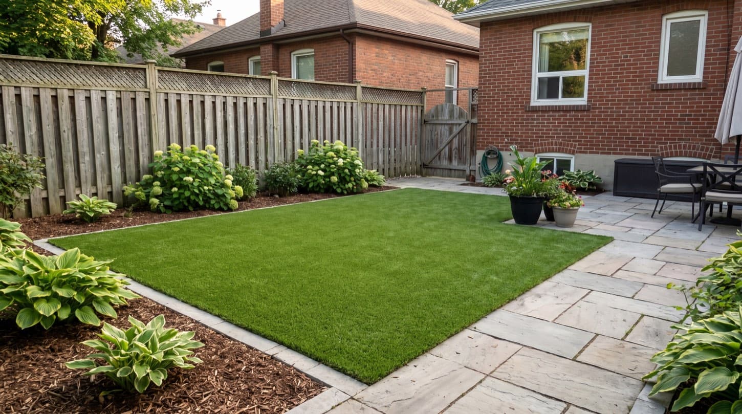 Neatly installed artificial grass lawn in a Toronto backyard with a brick house and patio in summer