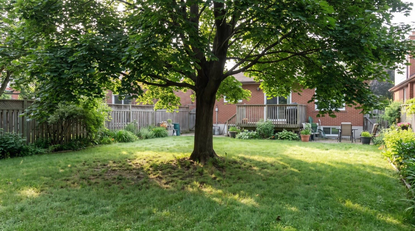 Dappled shaded Toronto backyard under a large maple tree with thin patchy grass giving way to a fine fescue lawn