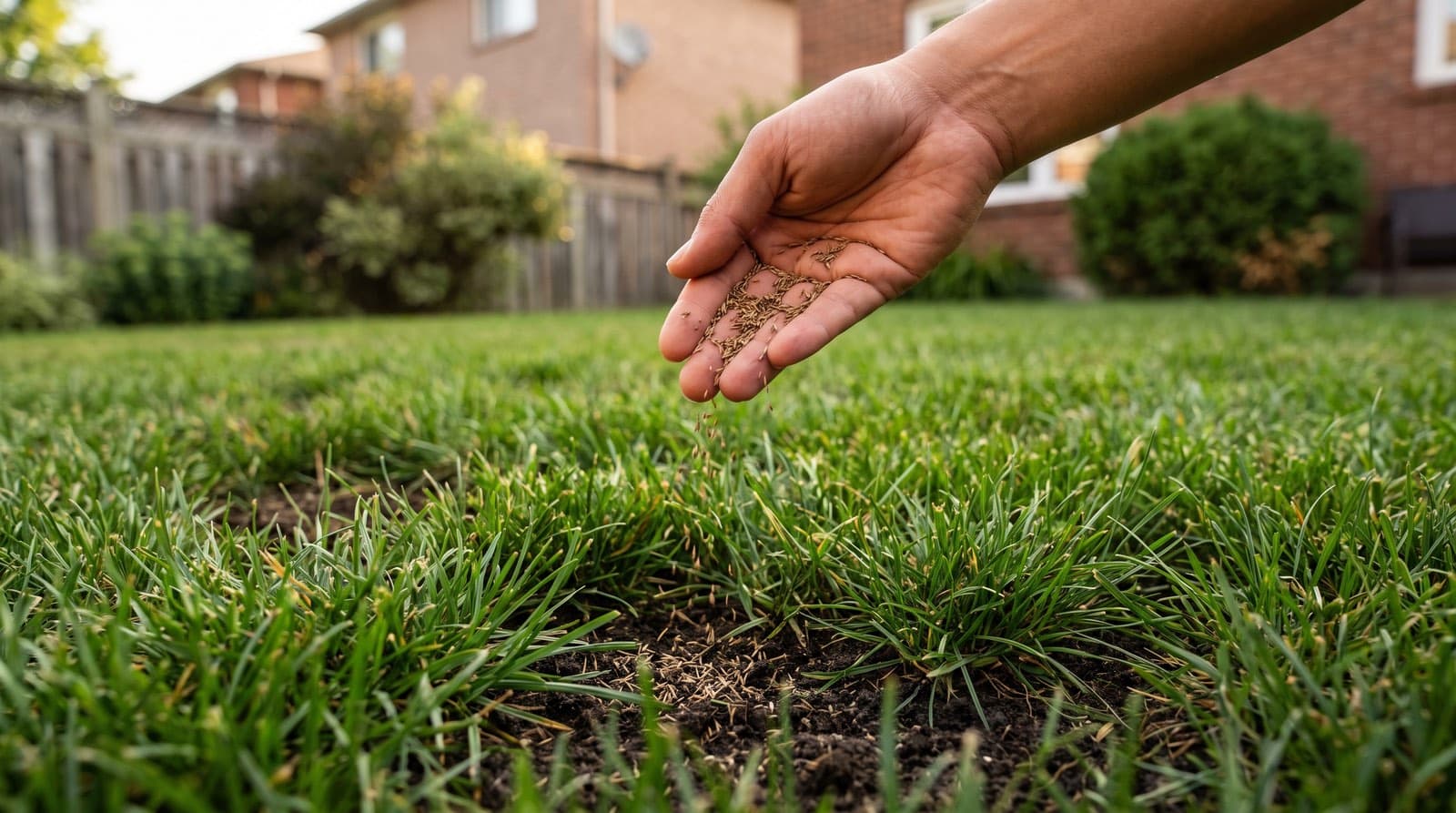 Close-up of healthy mixed cool-season lawn grass with a hand holding grass seed above it in a Toronto backyard