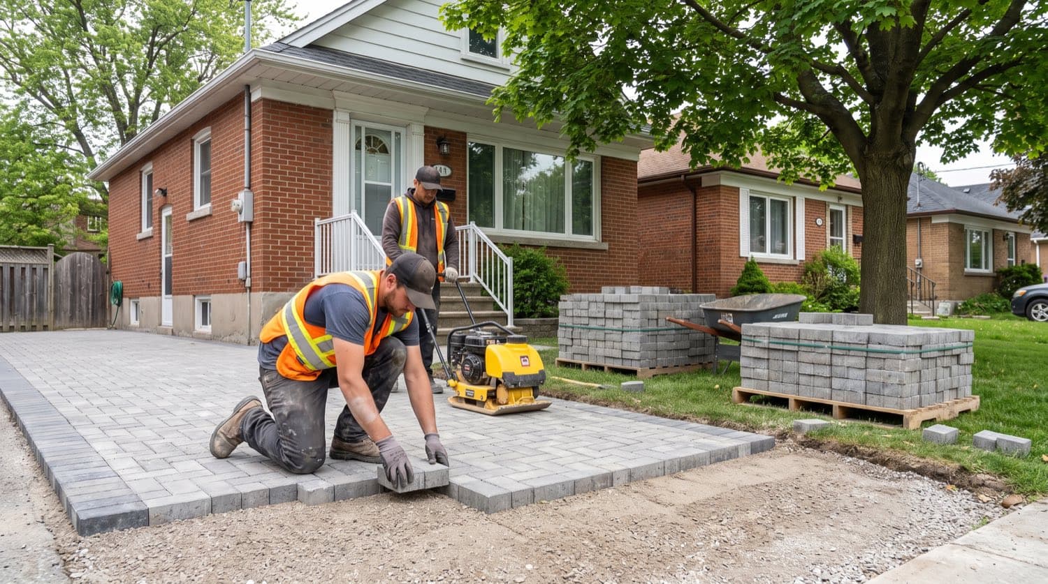 An interlocking crew laying concrete pavers on a compacted gravel base for a driveway at a Toronto home on a clear late-spring day
