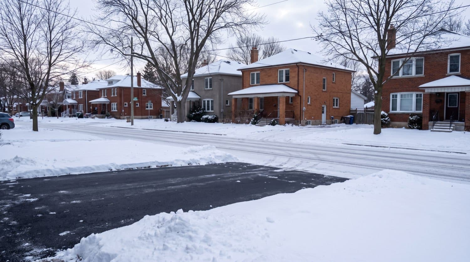 Toronto residential street with brick houses and driveways cleared of fresh snow on a bright winter morning after a plow visit