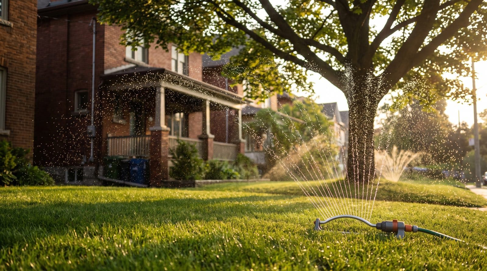 An oscillating sprinkler watering a green Toronto front lawn in soft early-morning light