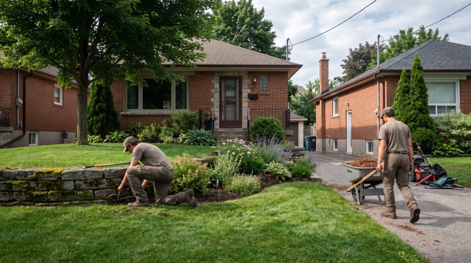A professional landscaping crew working on a residential front yard in the Toronto area on a summer morning