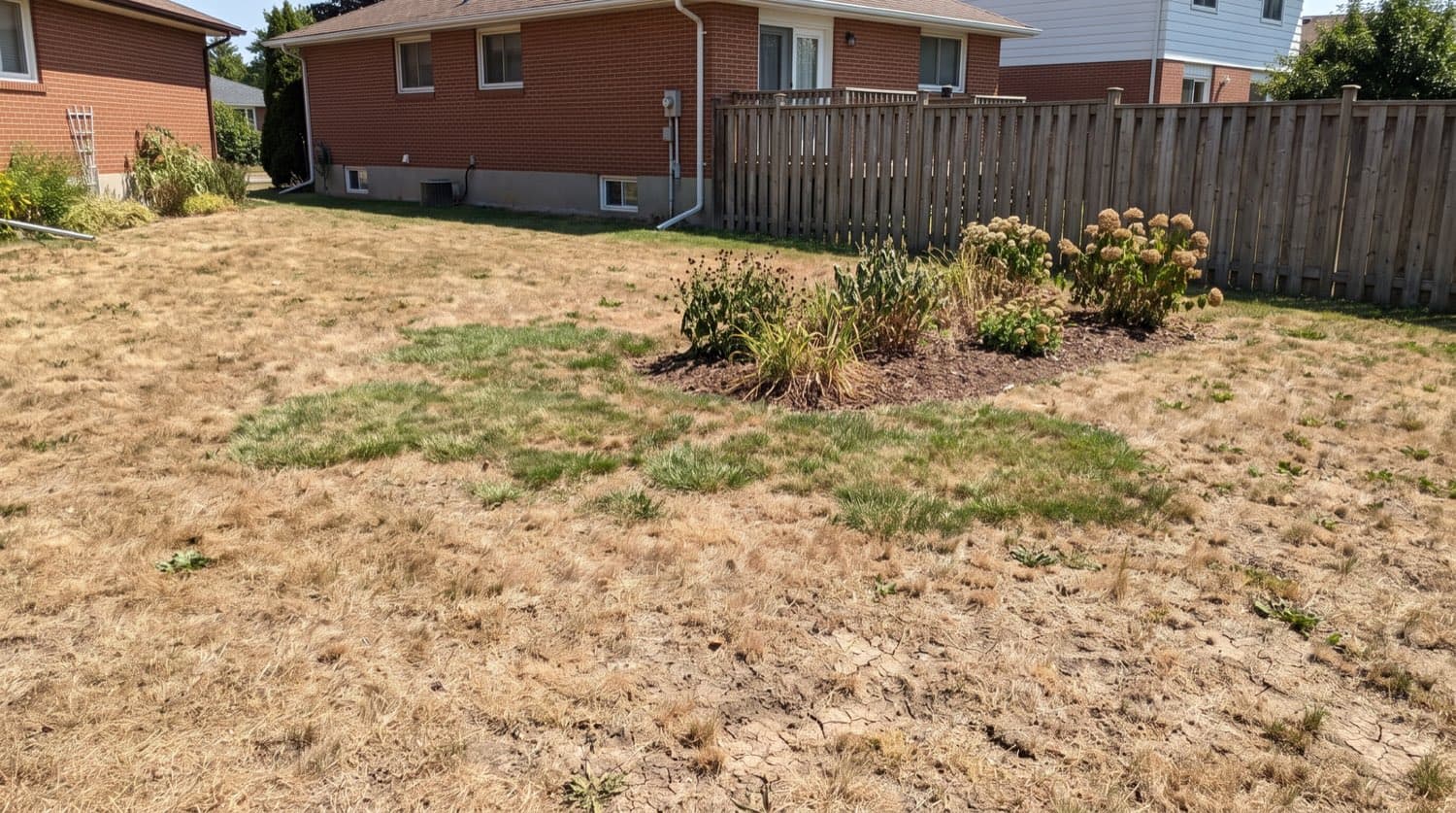 Sun-scorched Toronto backyard lawn with brown drought-stressed patches in midsummer heat