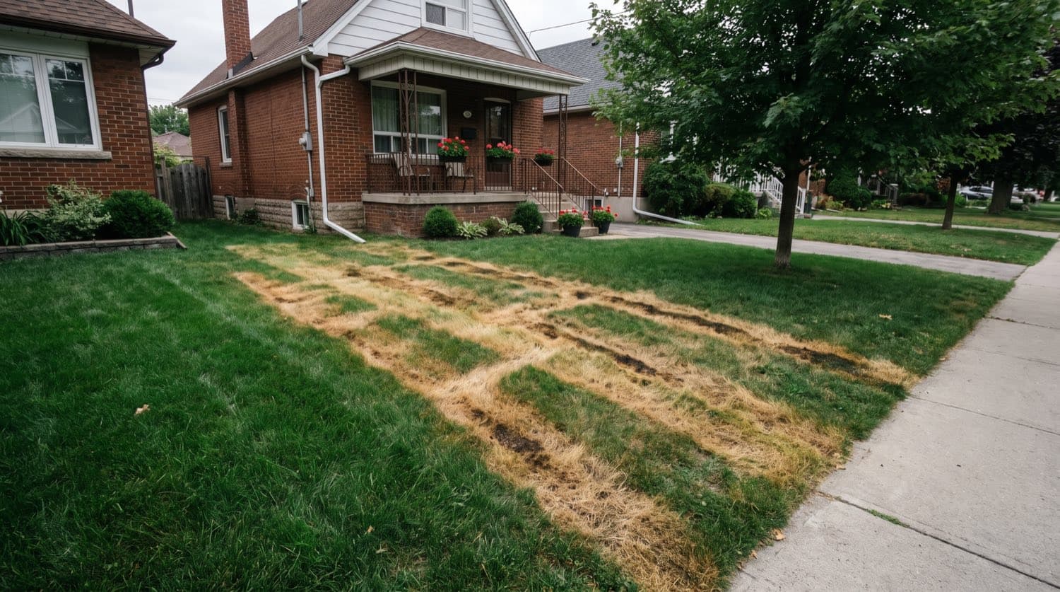 Toronto lawn with brown fertilizer-burn streaks in a spreader pattern next to healthy green grass on a summer day