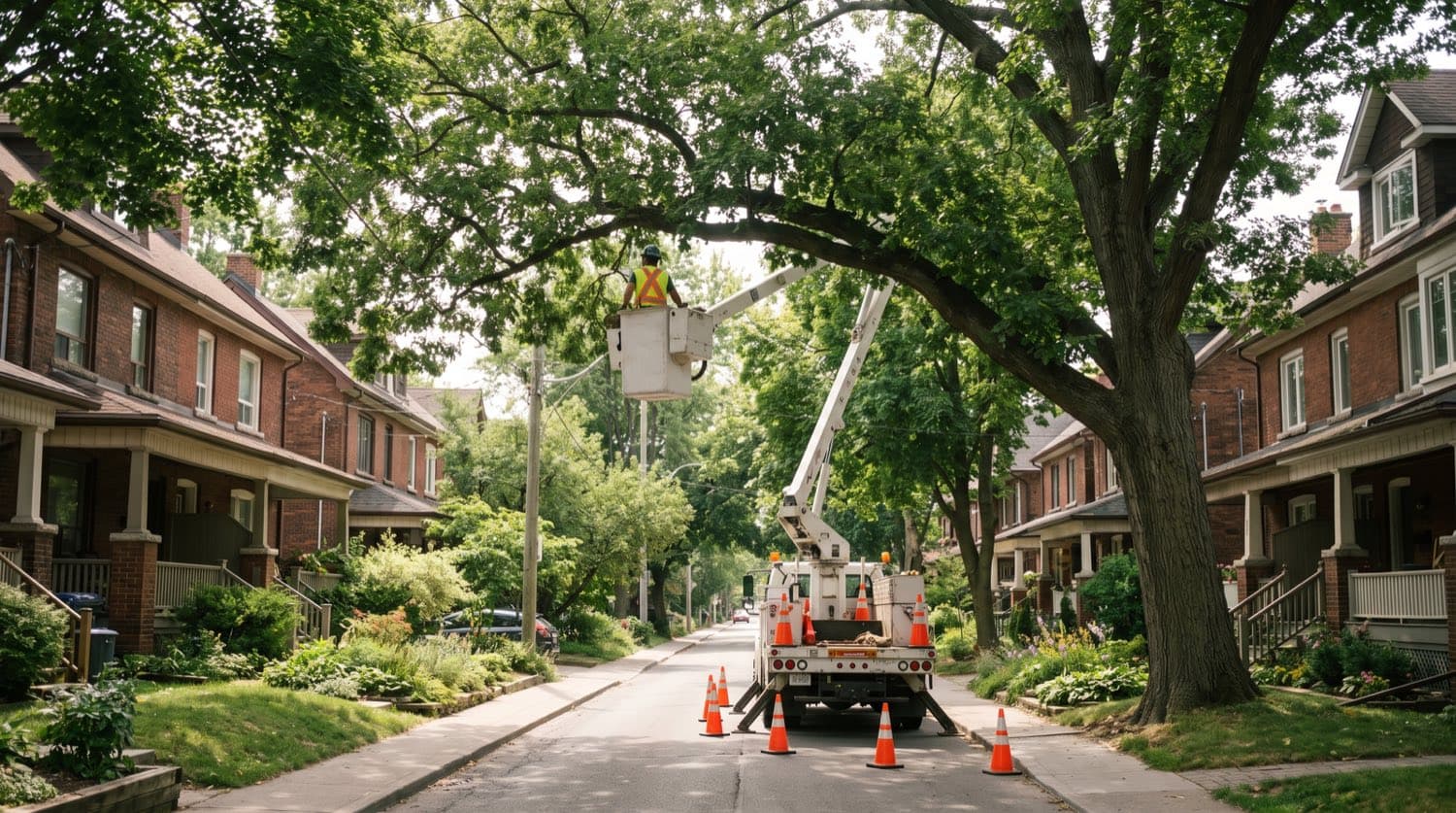 A City of Toronto forestry crew in a bucket truck pruning a large green street tree over a residential Toronto street in summer