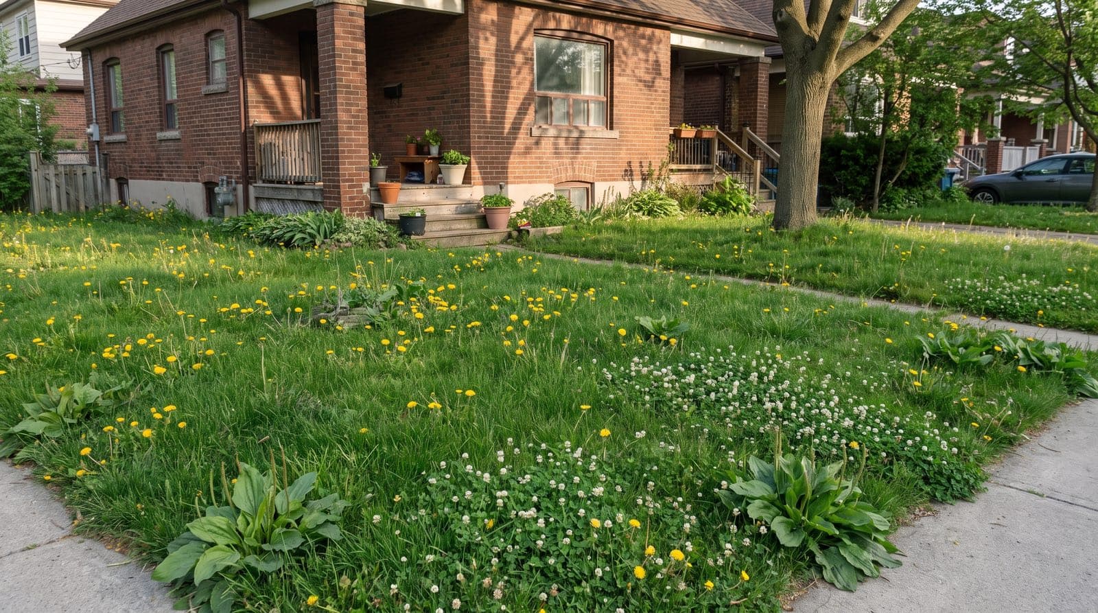 Toronto lawn dotted with dandelions, white clover and broadleaf plantain in early summer with a brick house behind