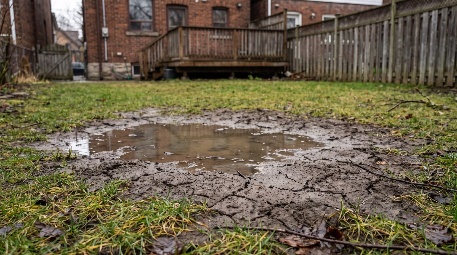 A thin, worn patch of lawn over hard compacted clay soil in a Toronto backyard with water pooling on the surface