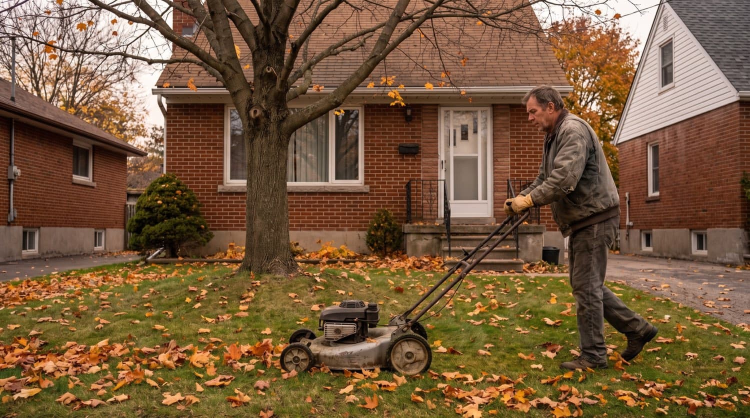 Homeowner making the final fall mow on a Toronto lawn scattered with autumn maple leaves in cool afternoon light