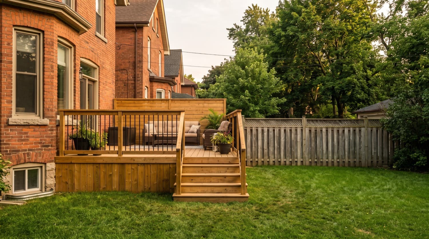 Newly built wooden backyard deck attached to a Toronto brick home on a summer afternoon