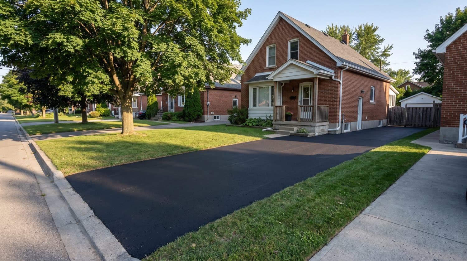 Freshly sealed dark asphalt driveway in front of a red-brick Toronto house on a clear summer day
