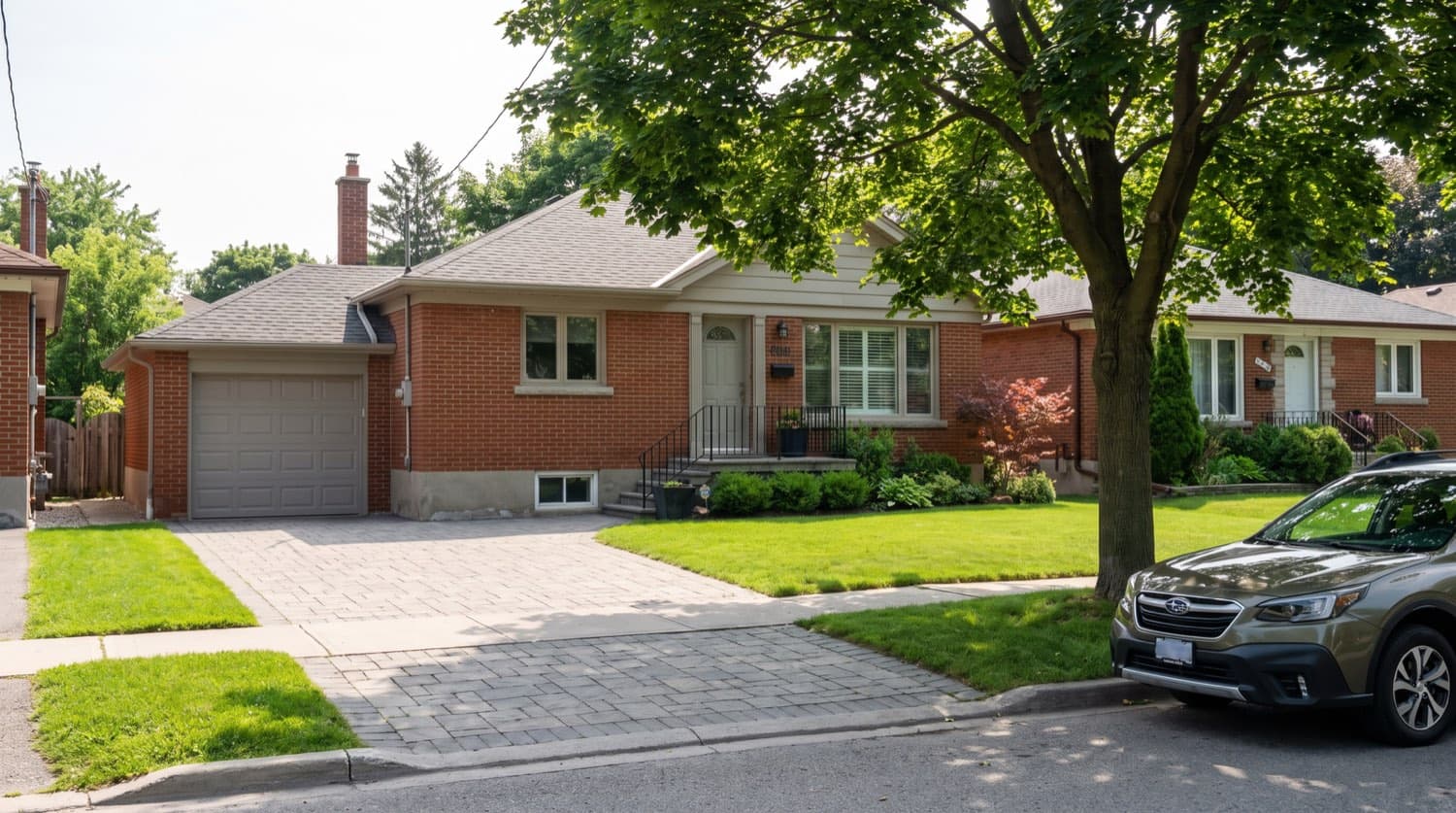 Toronto brick house front with an interlocking driveway meeting the City curb and boulevard sidewalk