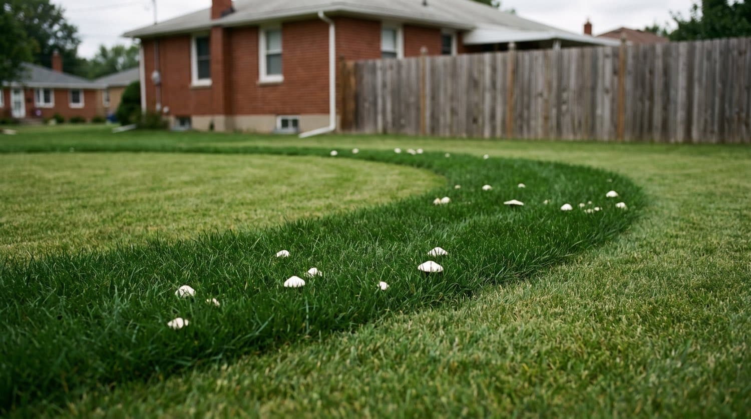 Ontario backyard lawn showing a dark green fairy ring arc with mushrooms across otherwise healthy green turf