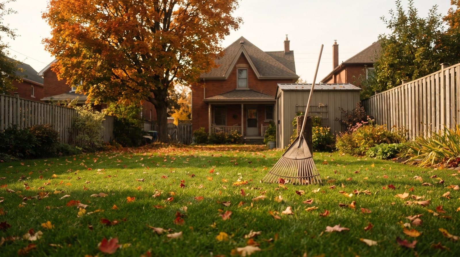 Healthy green Toronto backyard lawn with scattered autumn leaves and a brick house behind on a crisp fall afternoon