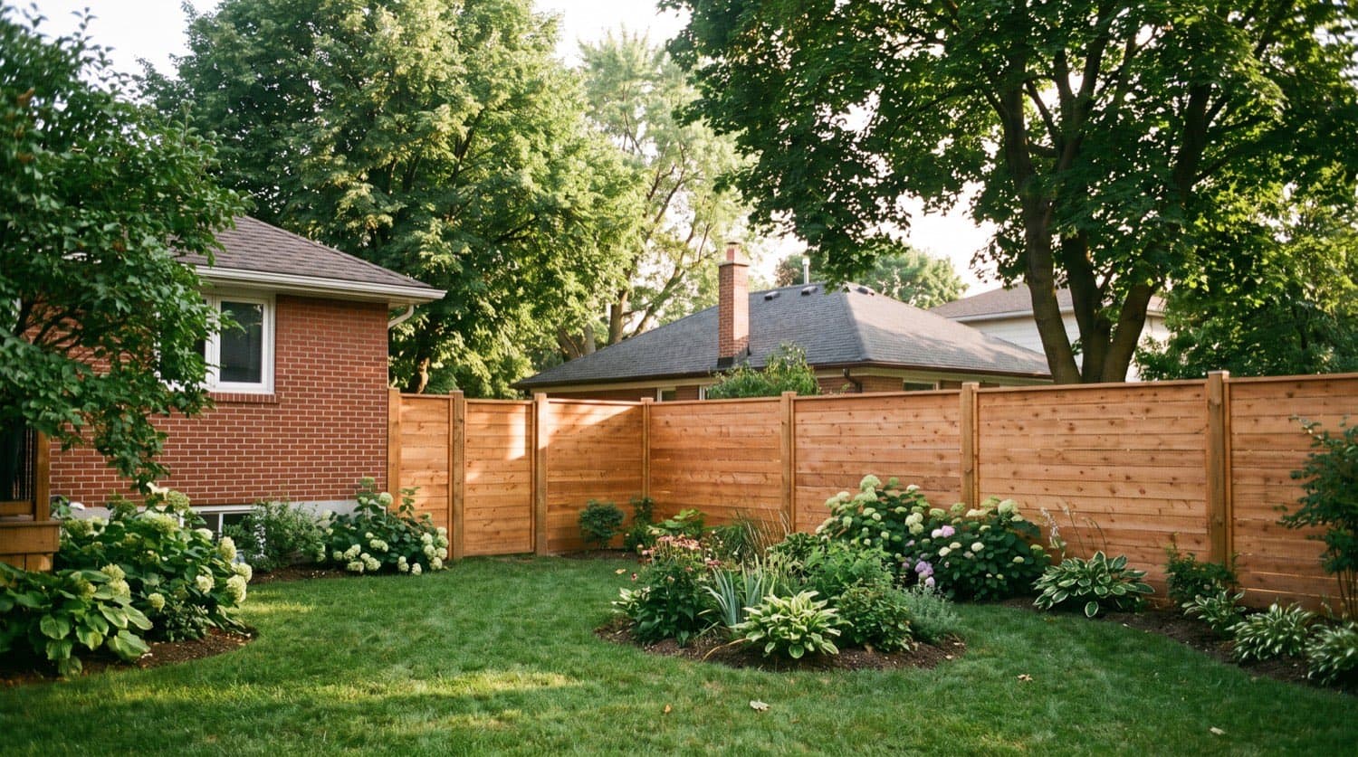 Cedar wood privacy fence around a Toronto backyard beside a brick house on a summer afternoon