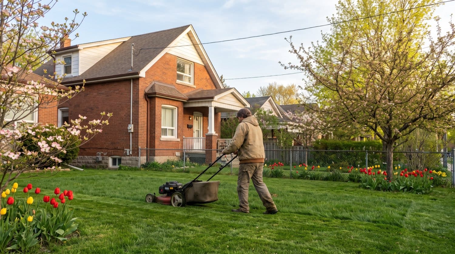 A homeowner mowing a green Toronto backyard lawn on a dry spring morning, striped fresh-cut grass behind the mower