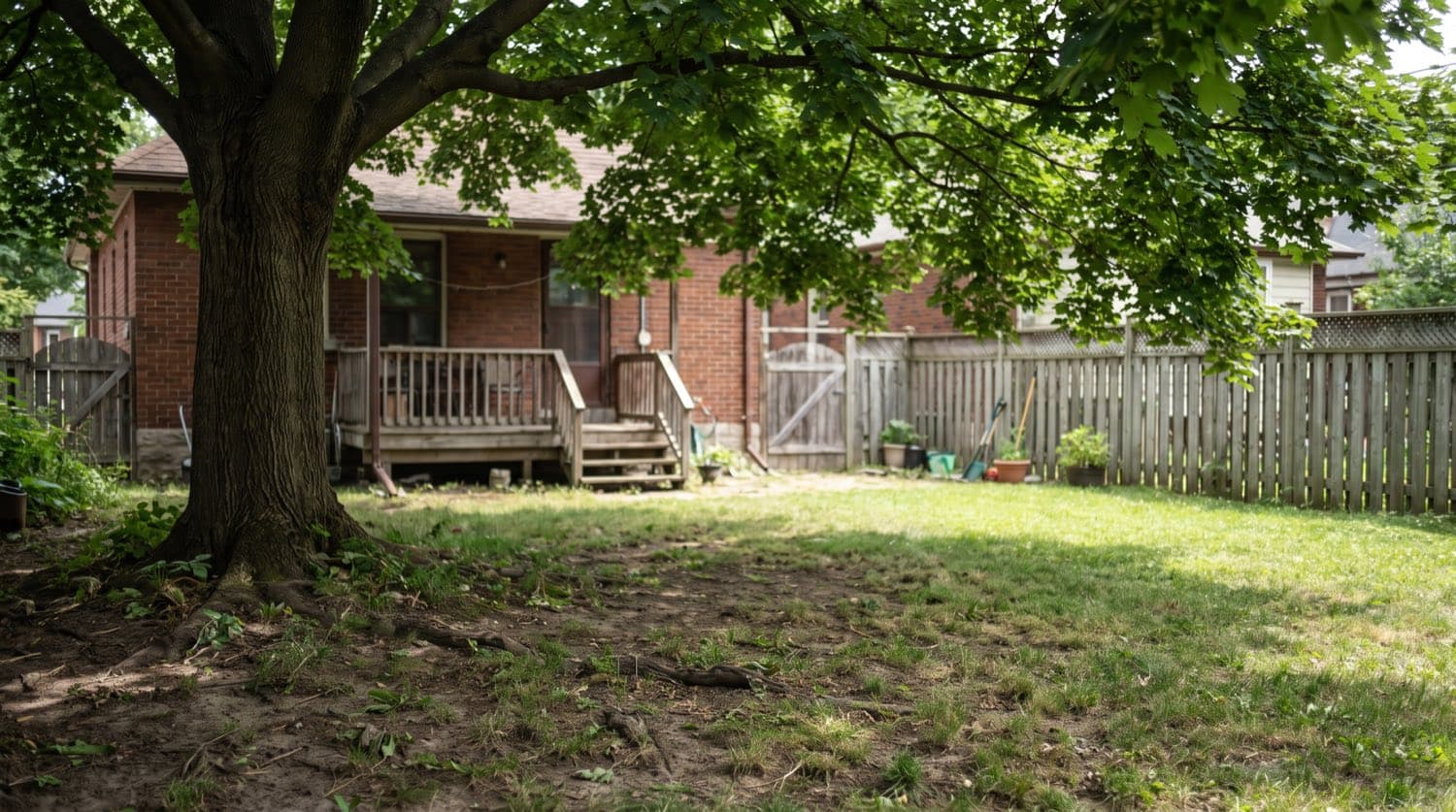 Thin, patchy grass and bare soil under a large mature shade tree in a Toronto backyard