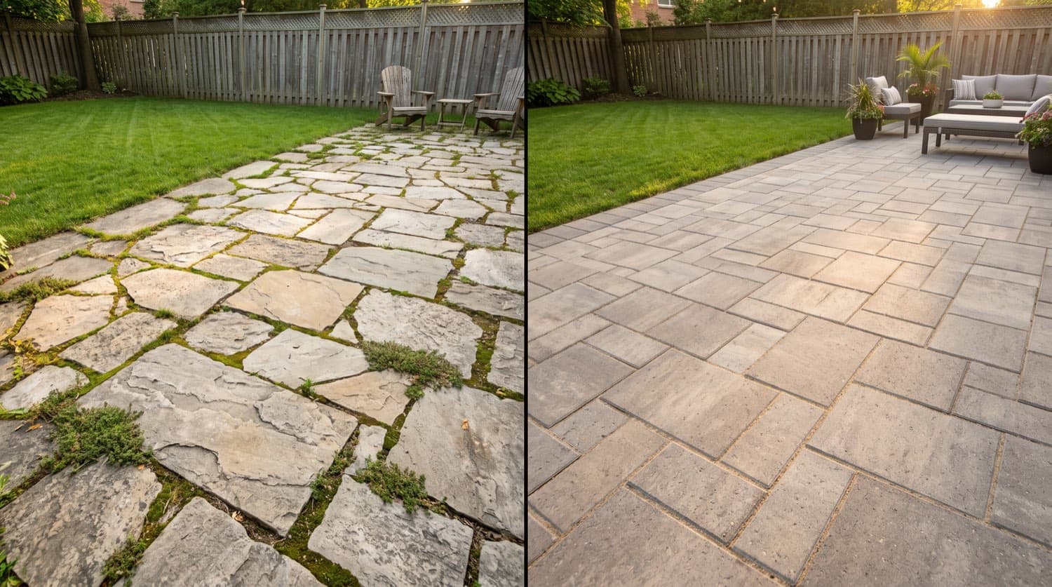 Side-by-side Toronto backyard patios, irregular natural flagstone on the left and uniform interlocking concrete pavers on the right