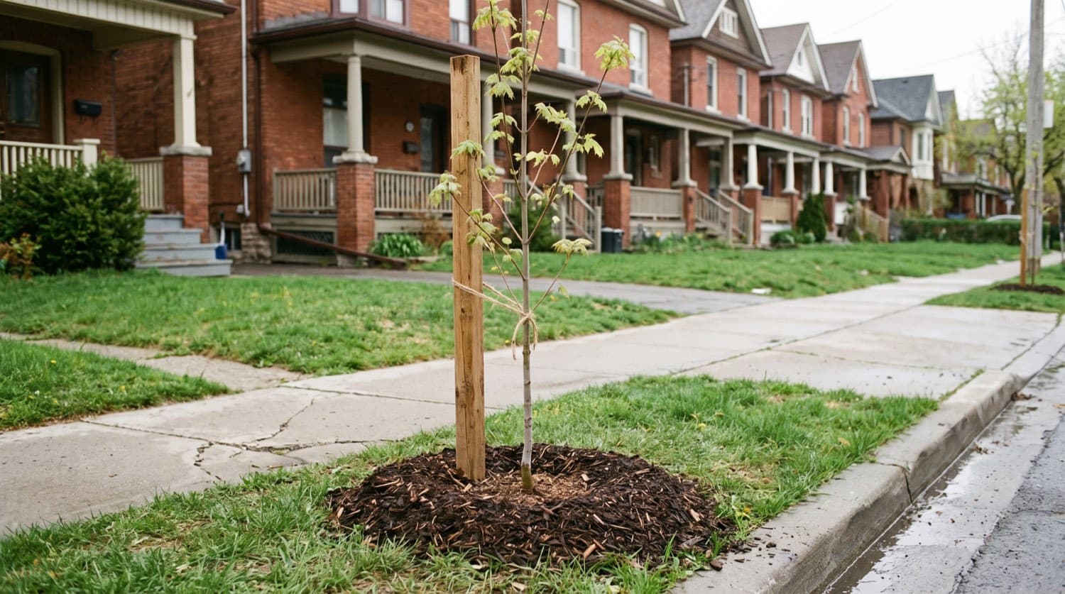 Newly planted young street tree with a support stake and mulch ring on a Toronto residential boulevard in spring