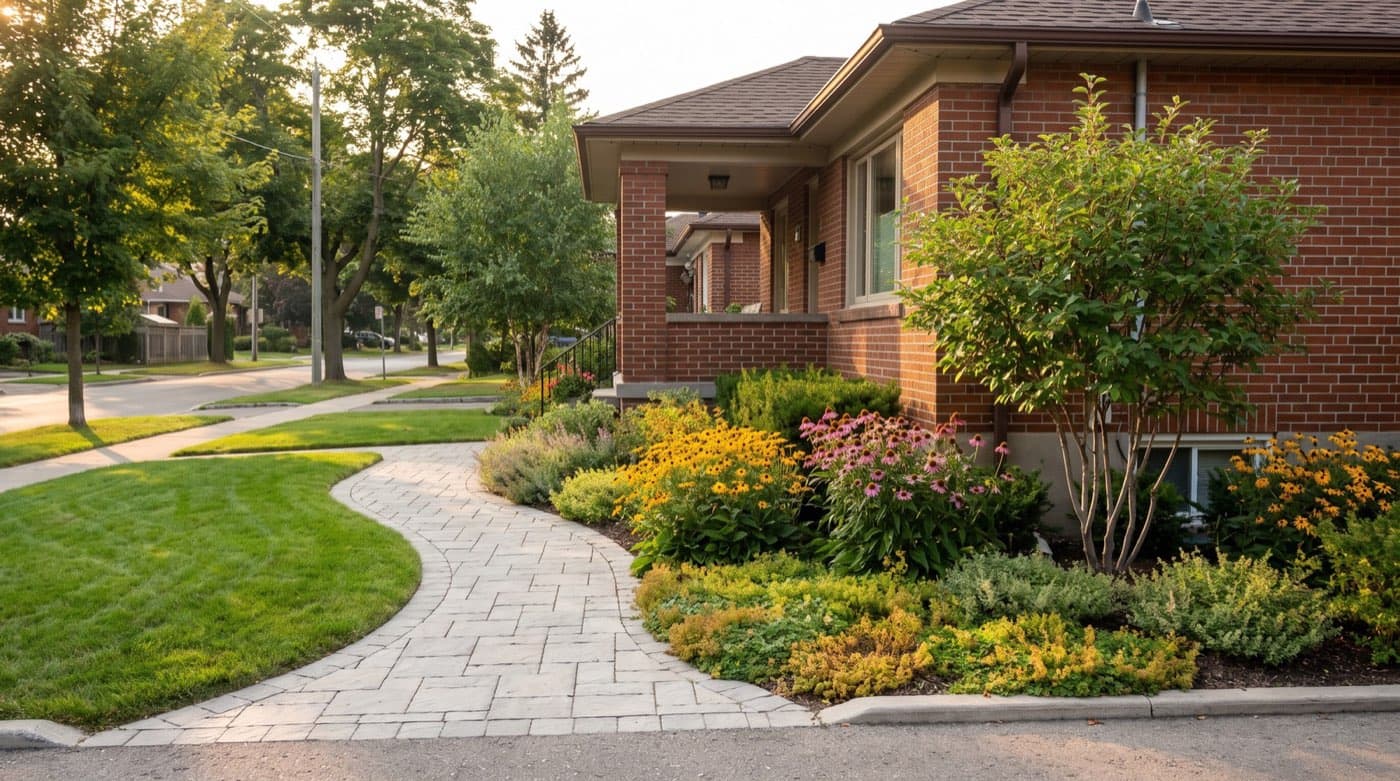 Attractive Ontario front yard with layered native planting, a defined interlock walkway, and a small tree in front of a brick house