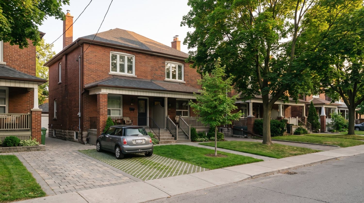 A paved front yard parking pad with permeable pavers in front of a red-brick Toronto semi-detached house on a summer afternoon