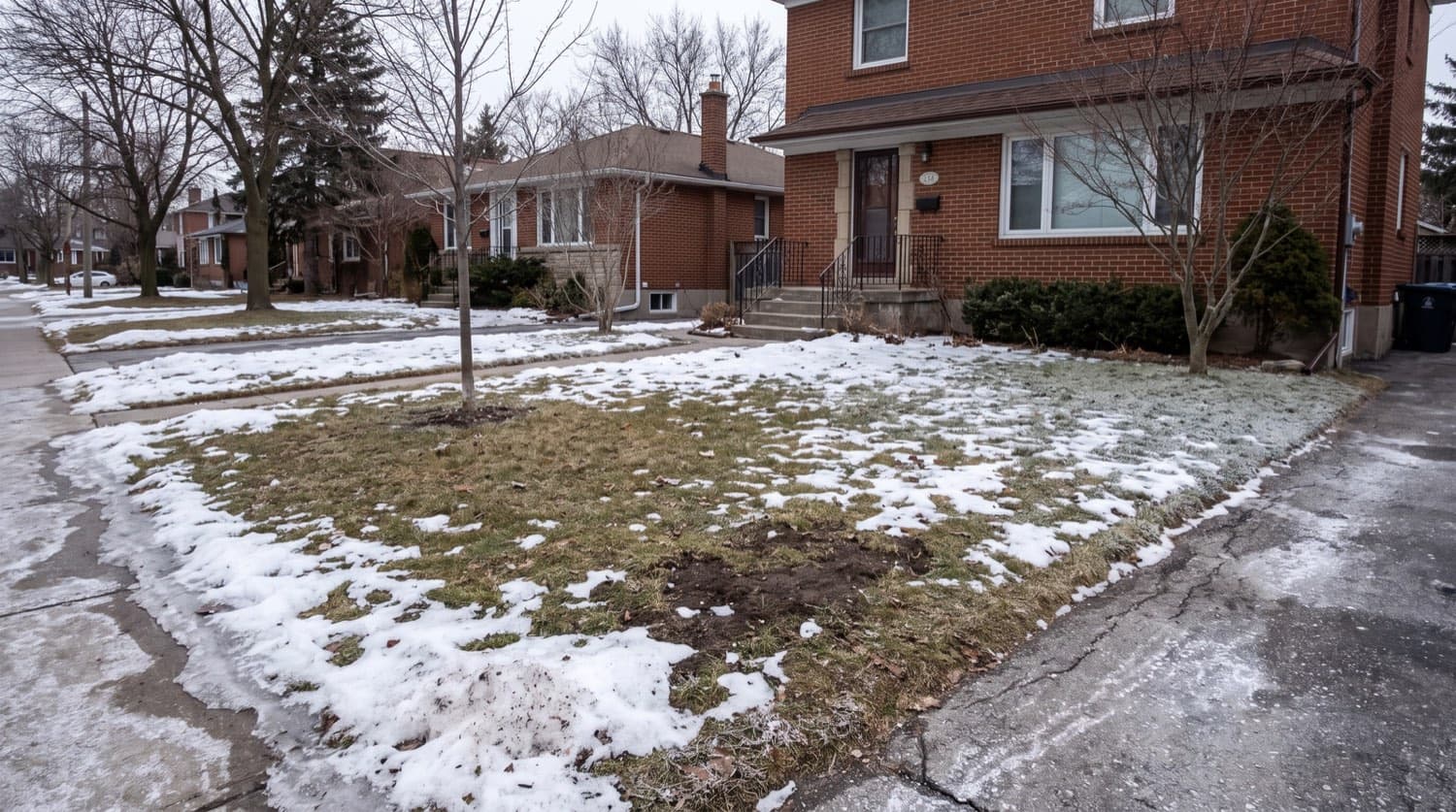 Thin late-winter Toronto lawn with patchy snow and bare soil during a freeze-thaw morning