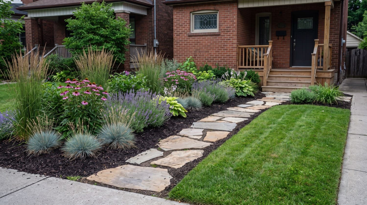 Well-designed planted front garden bed with layered perennials and a stone path in front of a Toronto home in summer