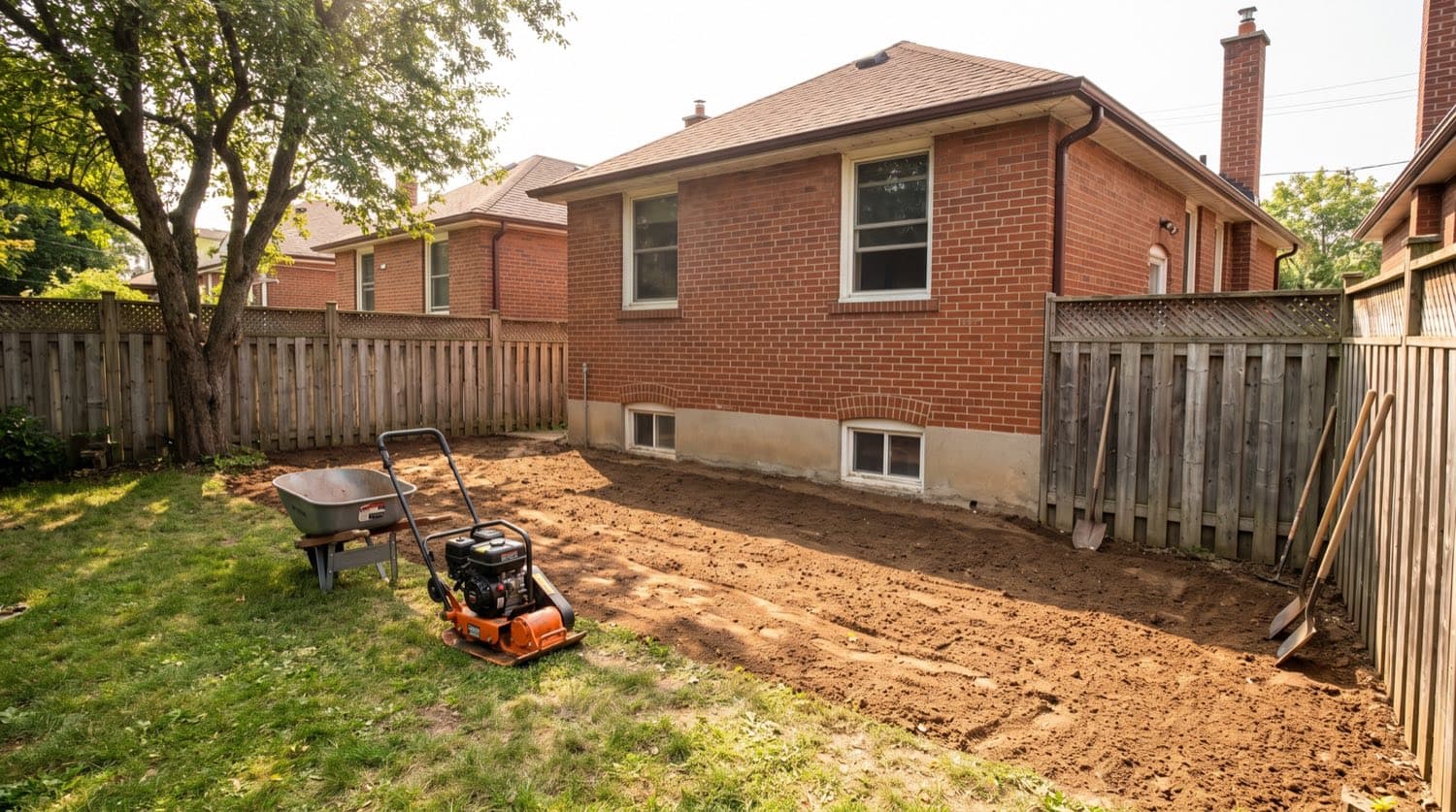Toronto backyard mid-regrade with stripped turf, exposed graded soil, and a compactor near a red-brick house on a summer day