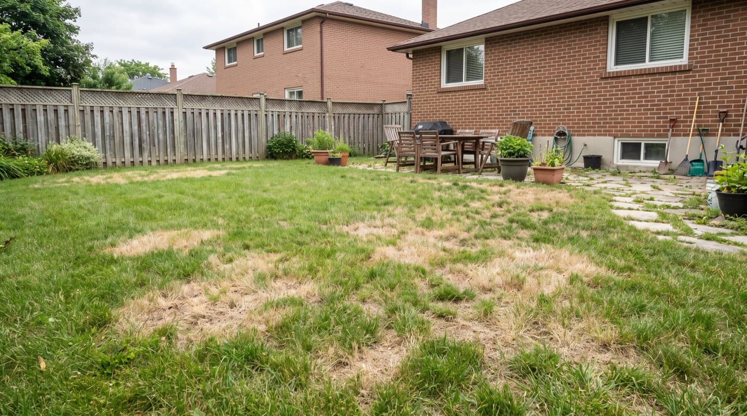 Toronto backyard lawn with yellowing patches next to healthy green grass in midsummer