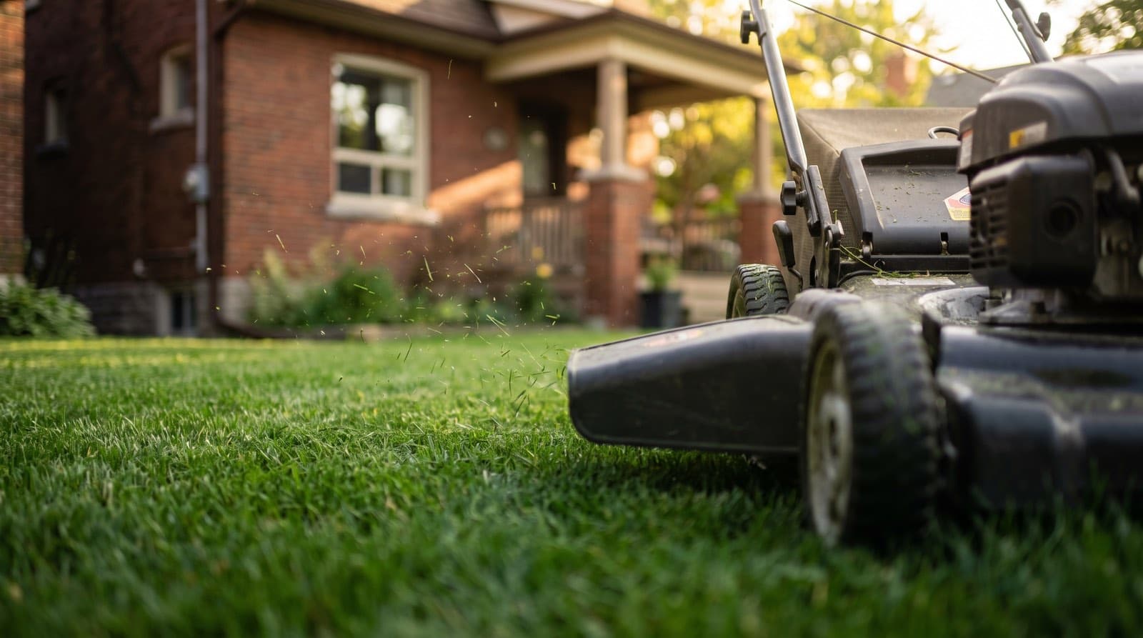 A mulching lawn mower leaving finely cut grass clippings on a healthy green Toronto lawn in summer