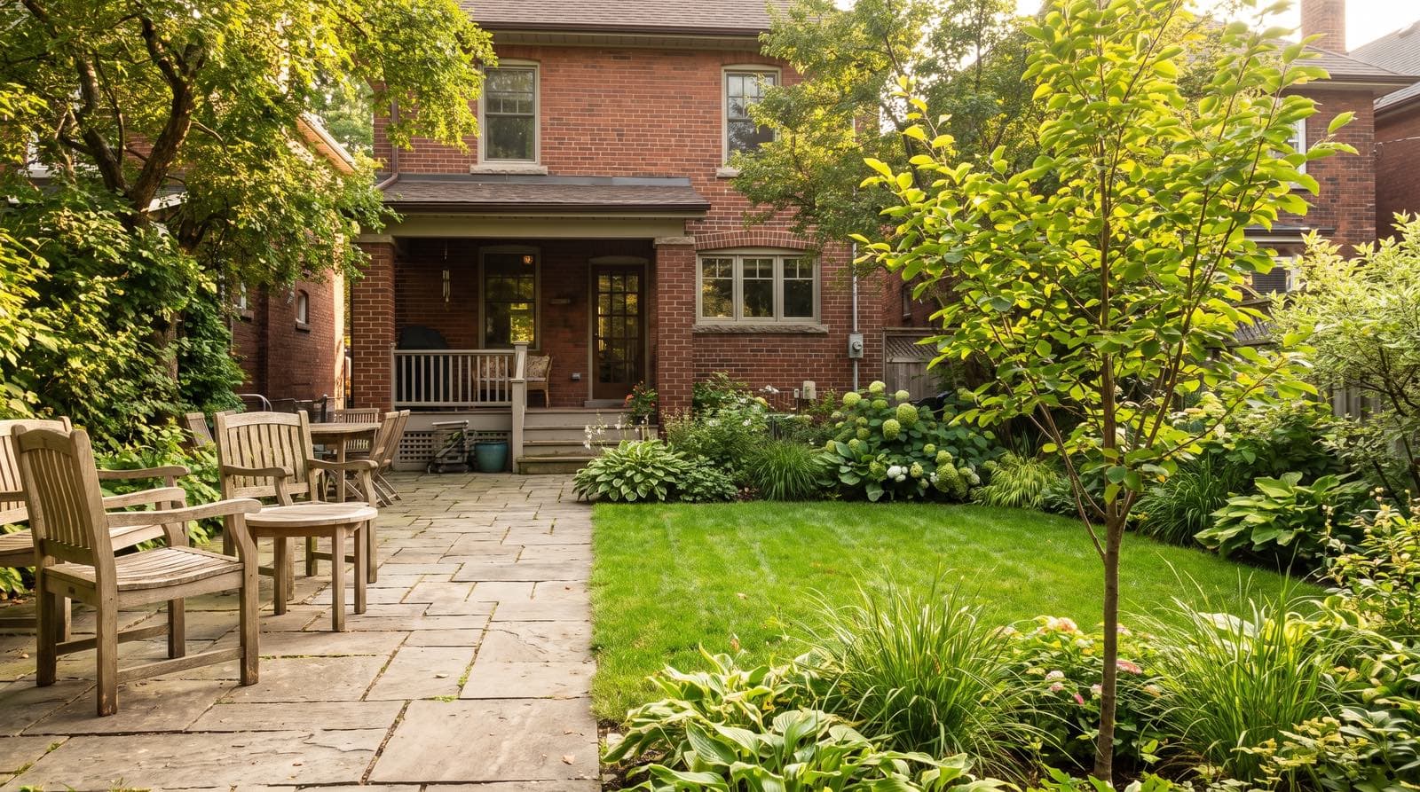 Balanced Toronto backyard with a stone paver patio on one side and planted garden beds and lawn on the other in summer