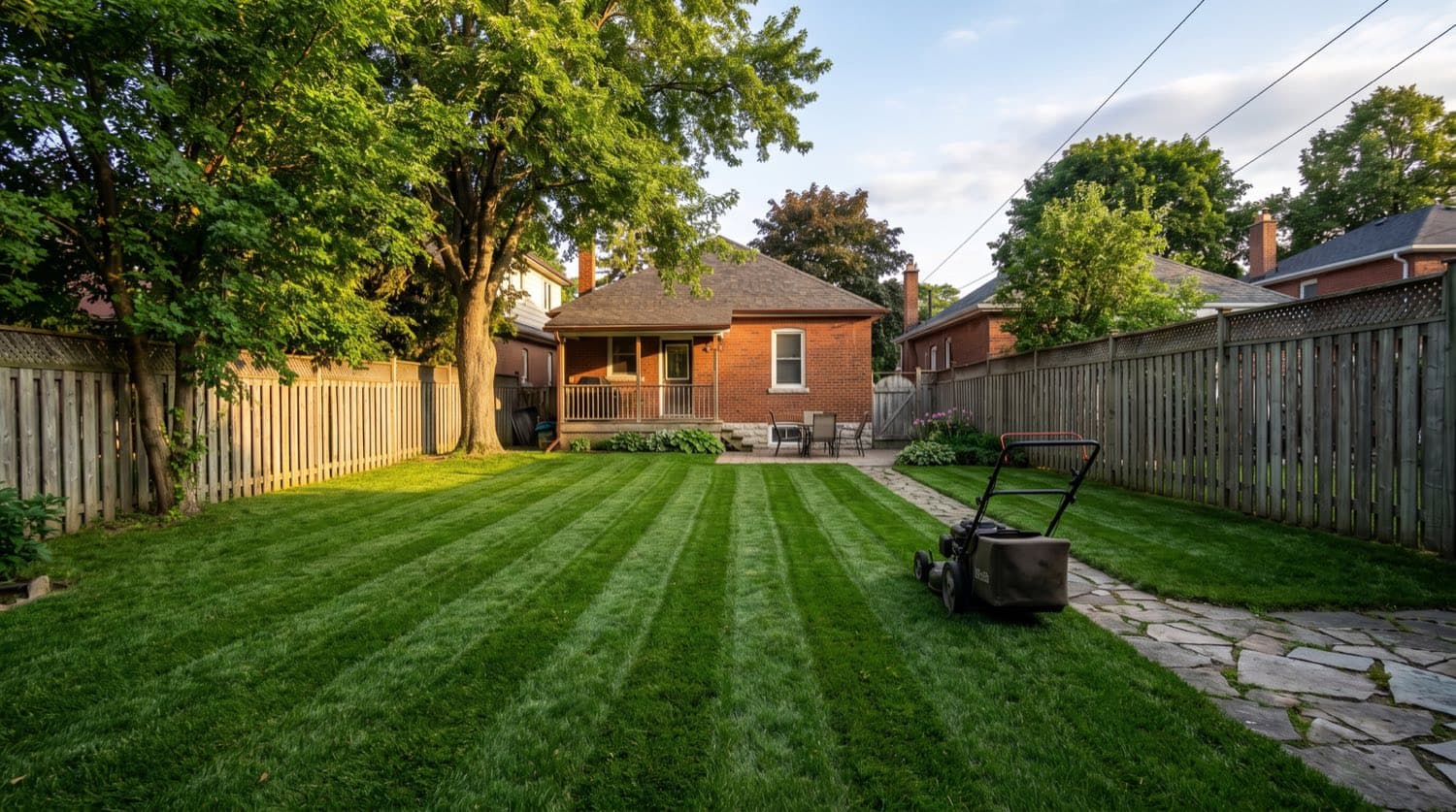 A freshly mowed green Toronto backyard lawn with clean mowing stripes on a summer afternoon