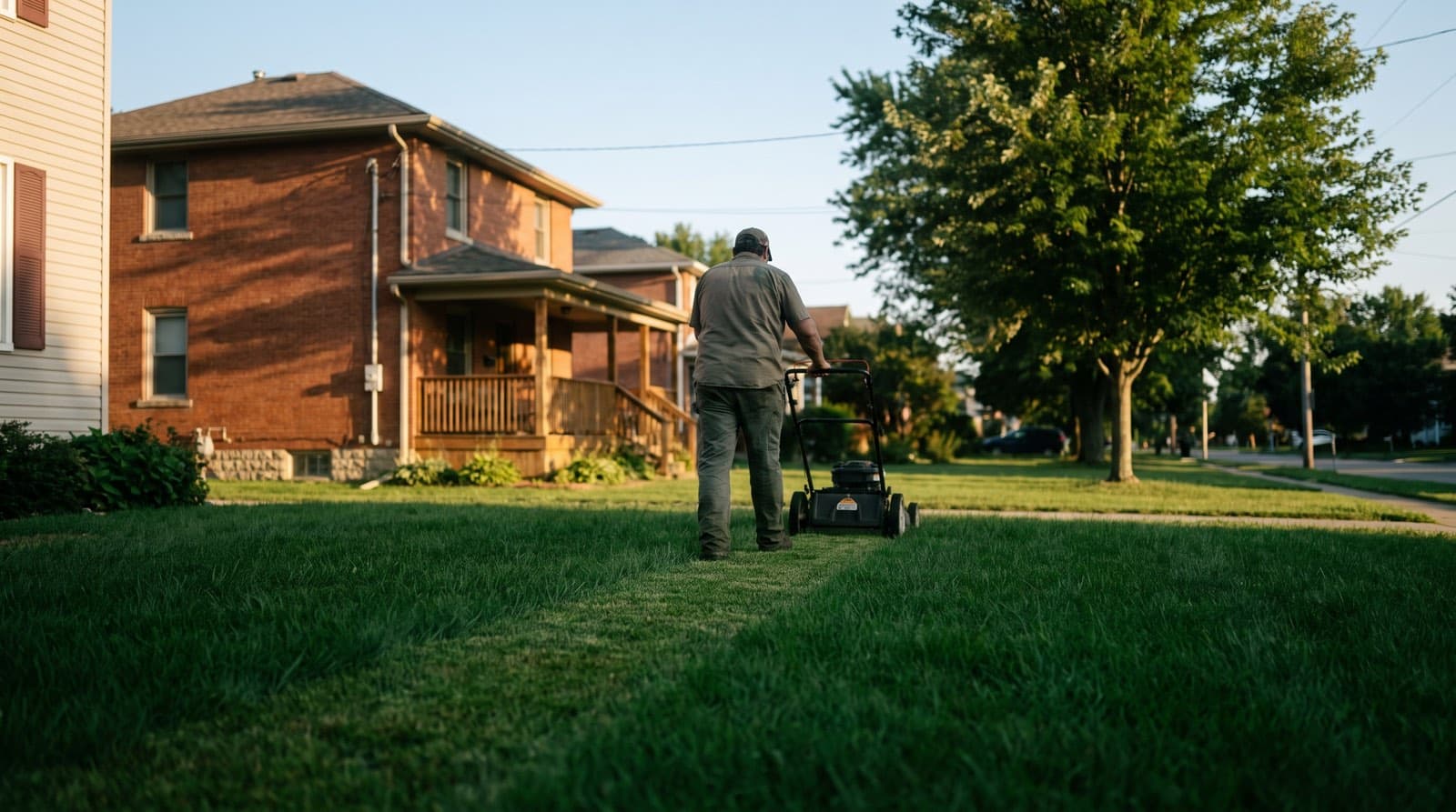 A lawn mower cutting a healthy green Toronto lawn to a proper height on a summer afternoon