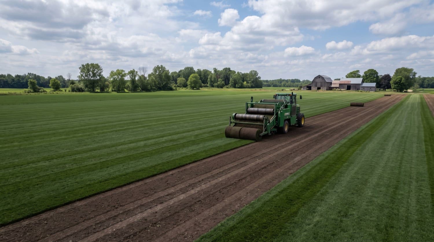 Ontario sod farm with a mechanical harvester lifting rolls of Kentucky bluegrass turf from a wide green field