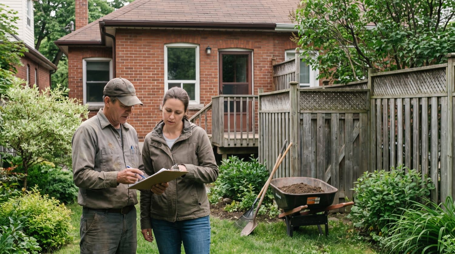Toronto homeowner reviewing a written landscaping quote with a contractor in a backyard in summer