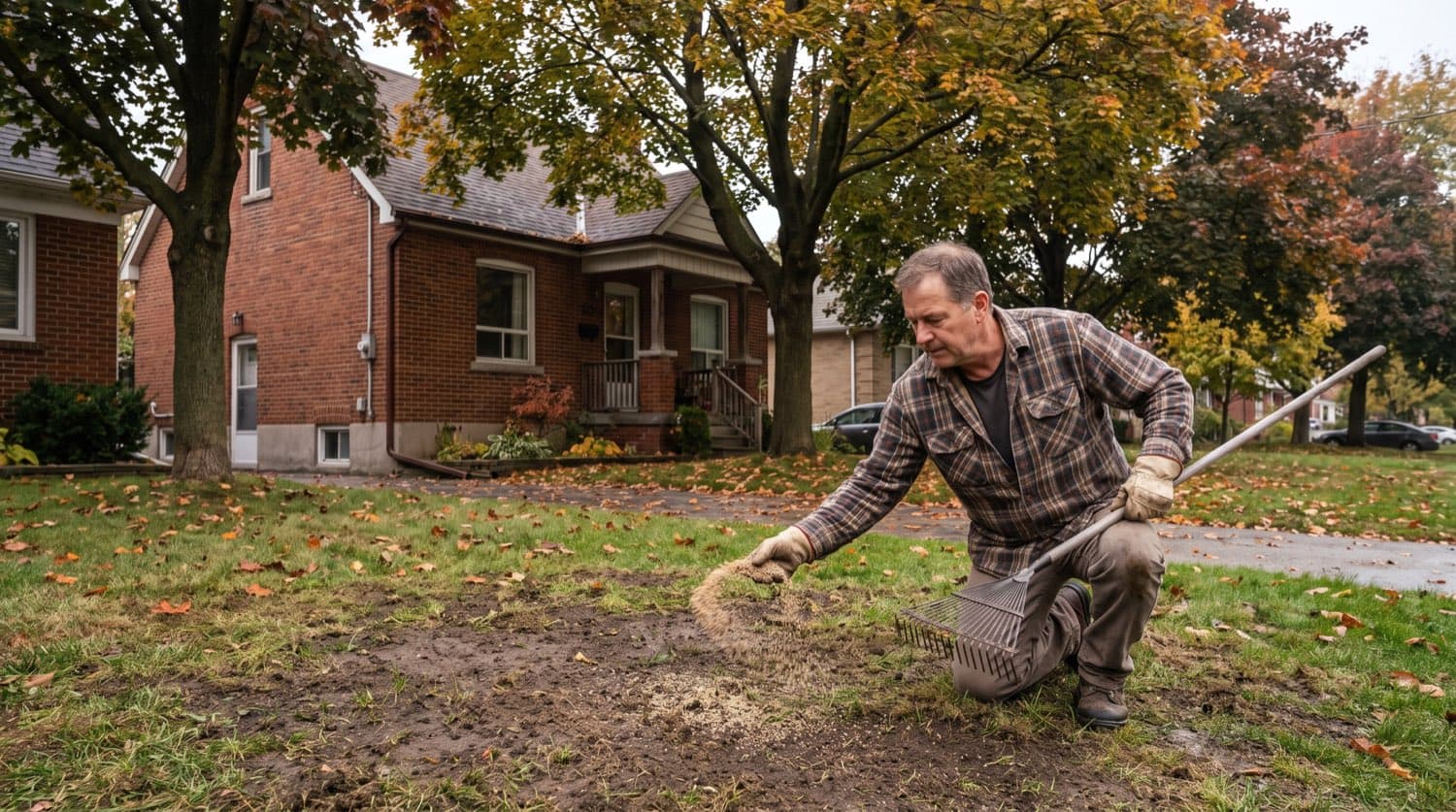 Toronto homeowner reseeding bare patches in a thin front lawn on a cool early-fall morning