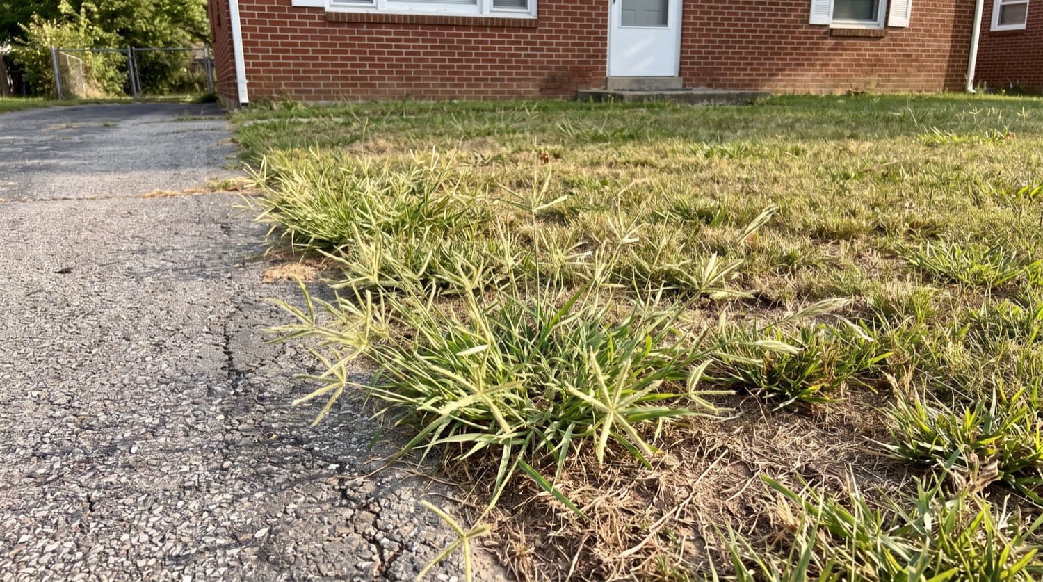 Clump of light-green crabgrass spreading into a thin lawn edge along a Toronto driveway in late summer