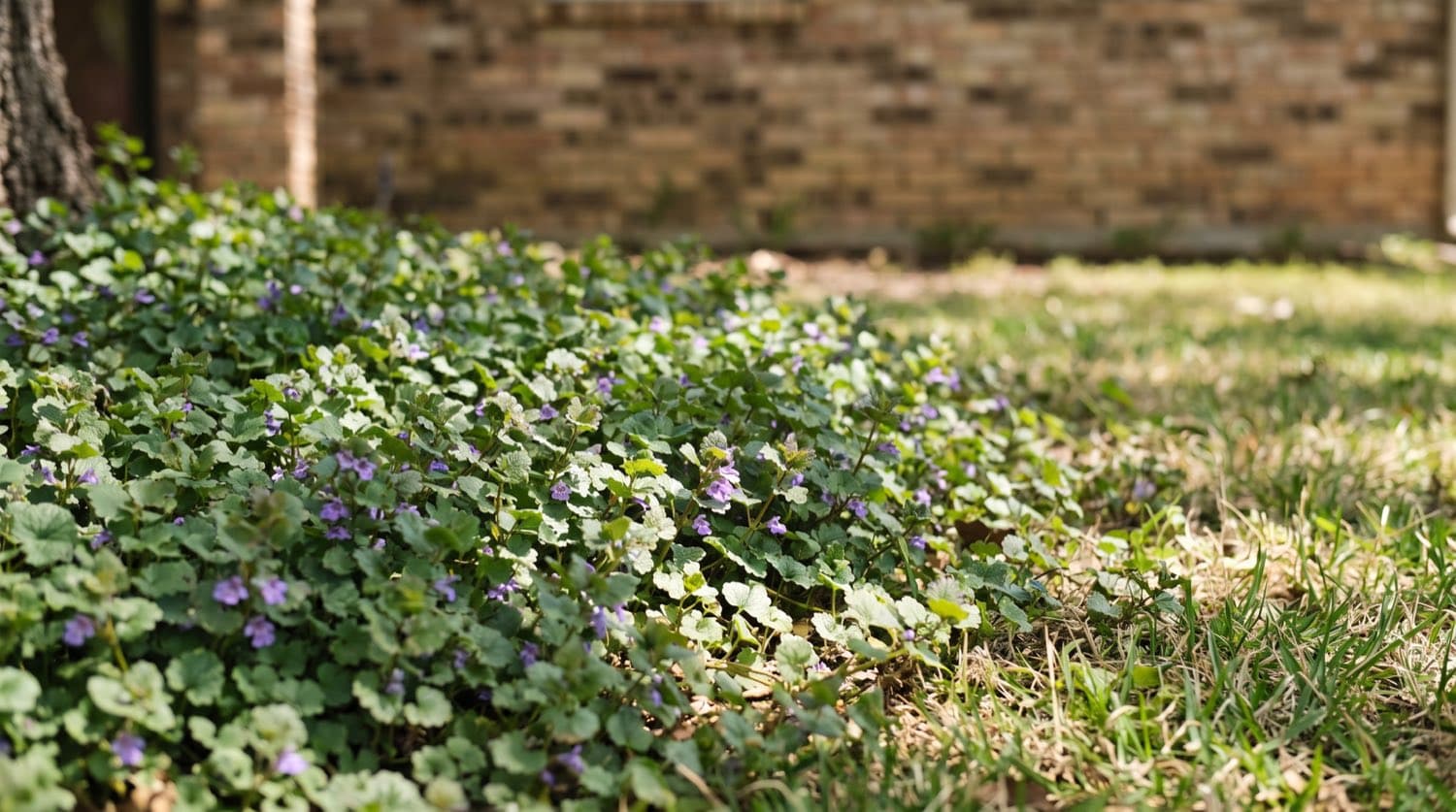 Patch of creeping charlie with scalloped leaves and small purple flowers spreading through a shaded Toronto lawn in spring