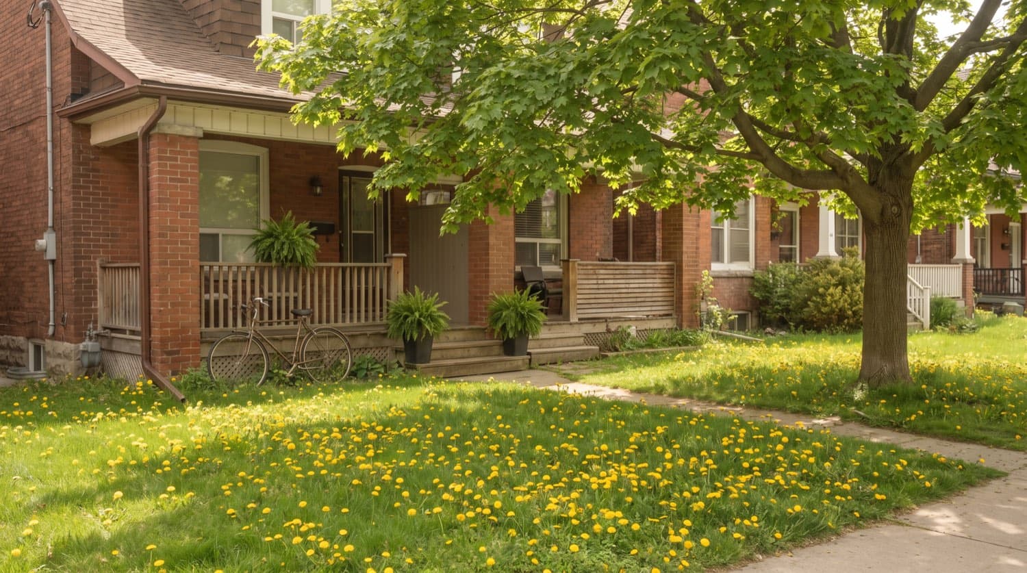 Toronto front lawn dotted with bright yellow dandelions in bloom on a late spring day
