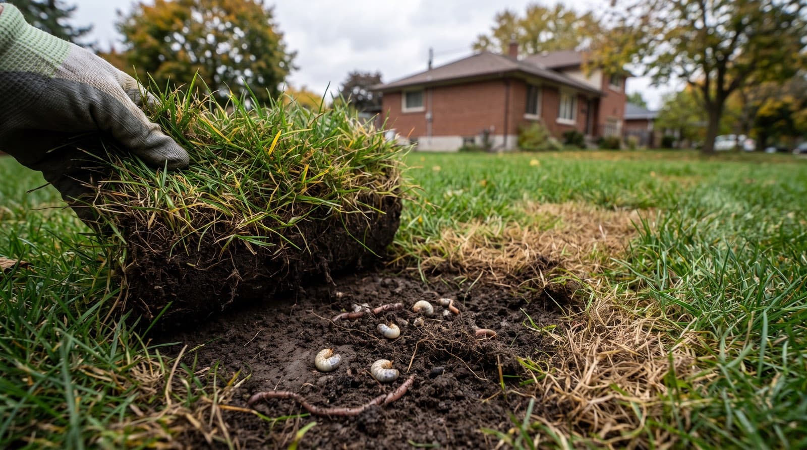 Section of a Toronto lawn peeled back to show white C-shaped grubs in the soil with brown damaged patches nearby in early fall