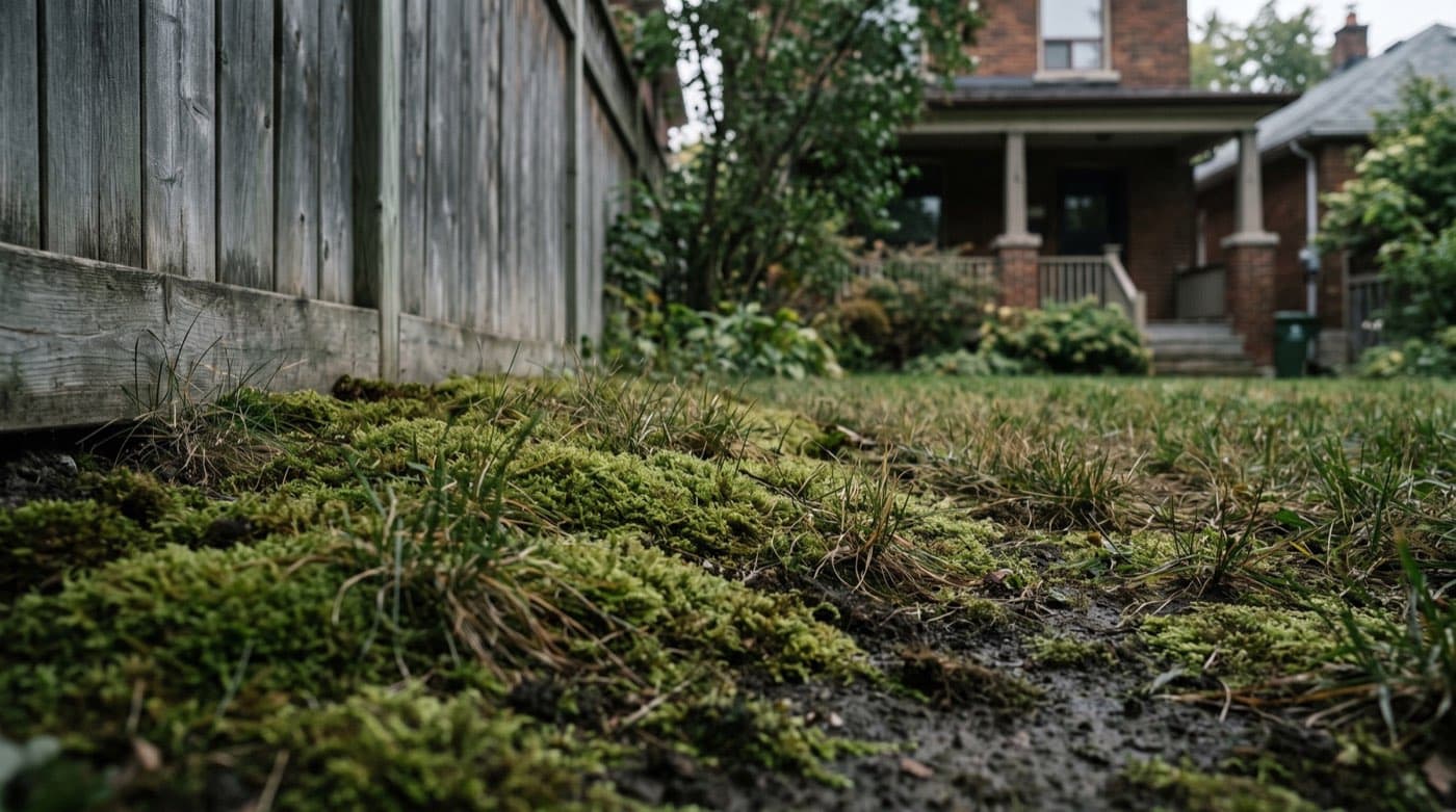 Patch of green moss spreading through thin grass in a shaded Toronto backyard beside a fence