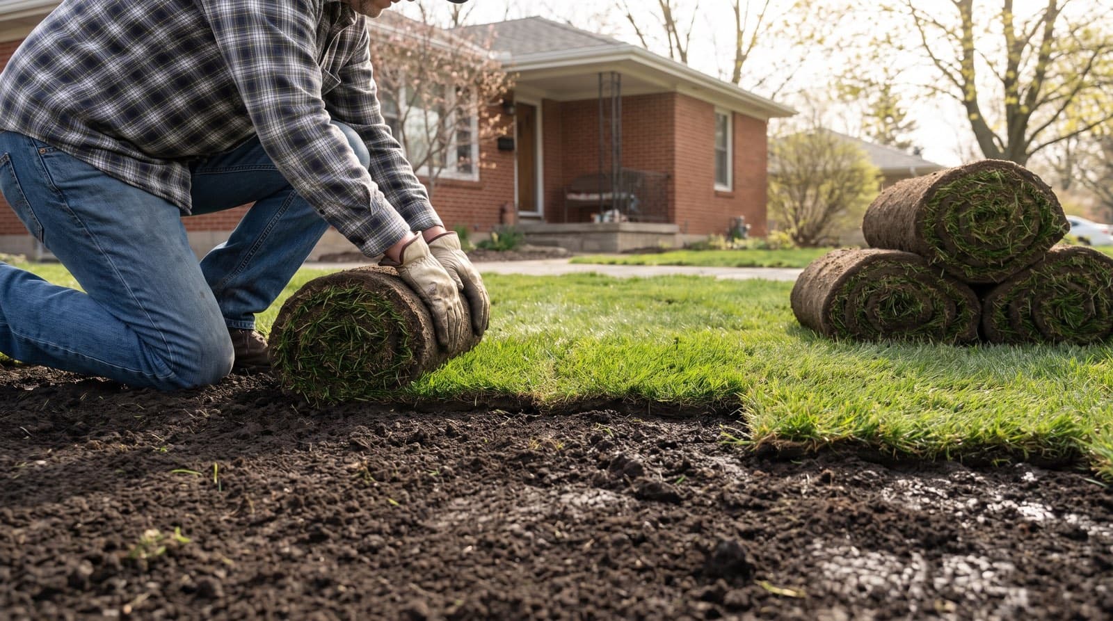 Homeowner laying rolls of fresh sod in a staggered brick pattern over prepared topsoil in a Toronto backyard in spring
