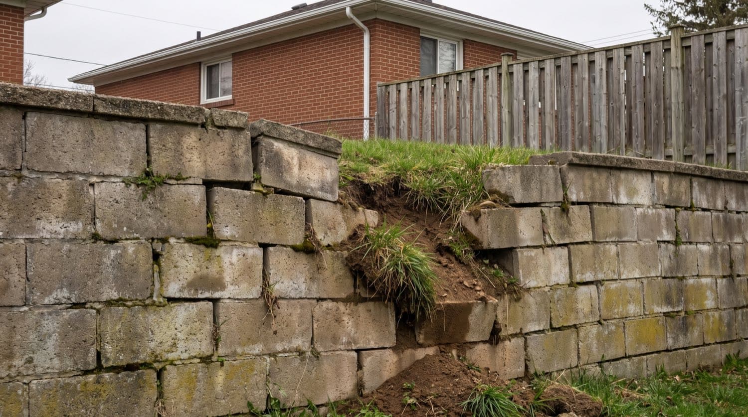 A leaning, bulging block retaining wall tilting outward in a Toronto backyard, showing signs of failure