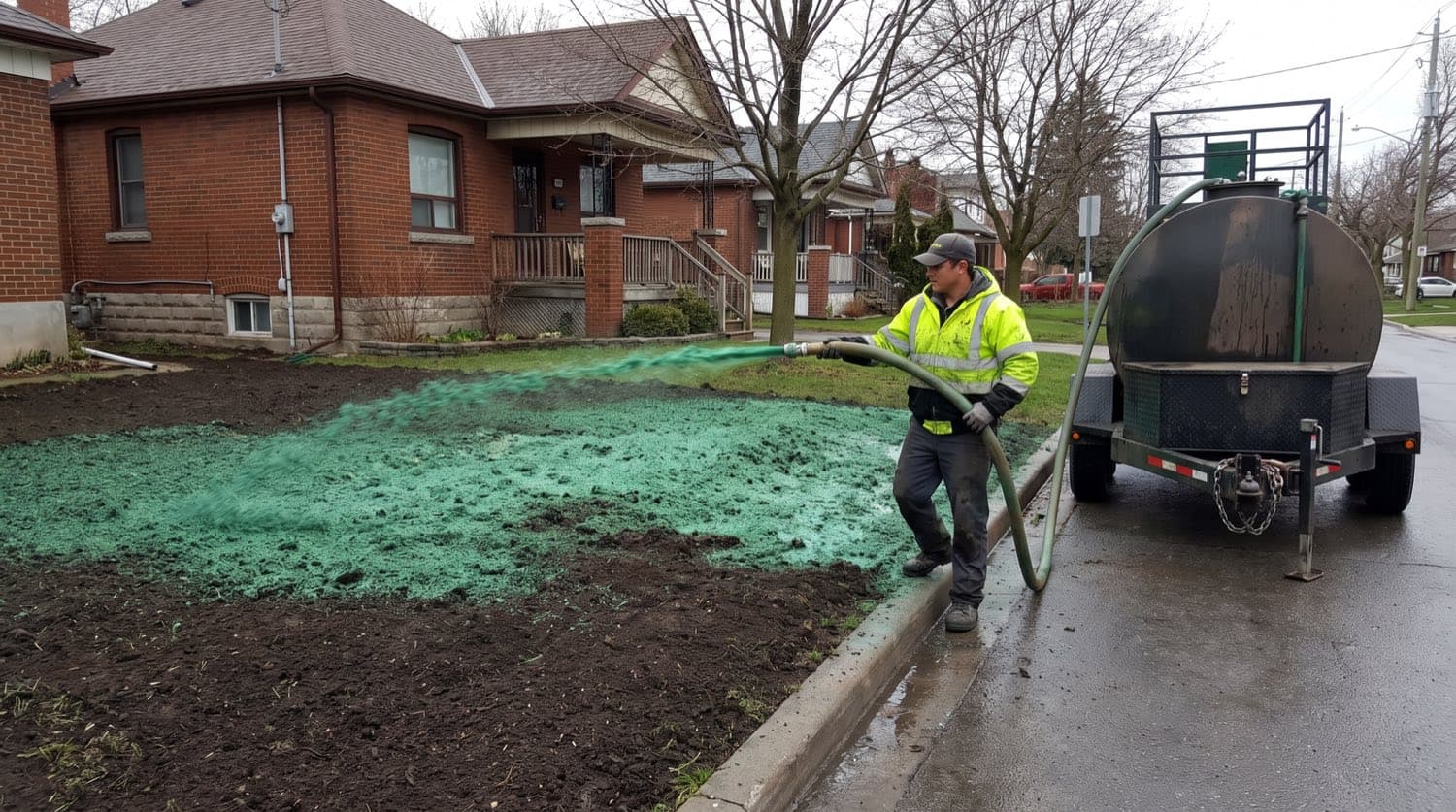 A landscaping crew spraying green hydroseed slurry across a bare graded front yard at a Toronto home in spring