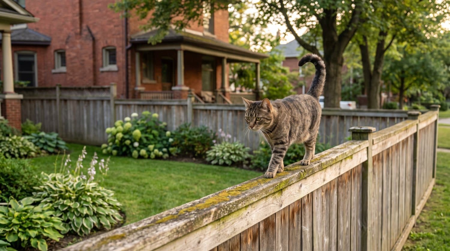 Cat walking along a wooden fence at the edge of a Toronto backyard garden in summer