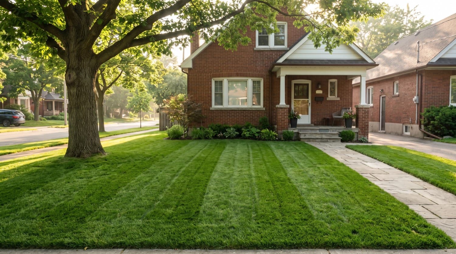 Dense healthy Kentucky bluegrass lawn in full sun in front of a Toronto home in early summer
