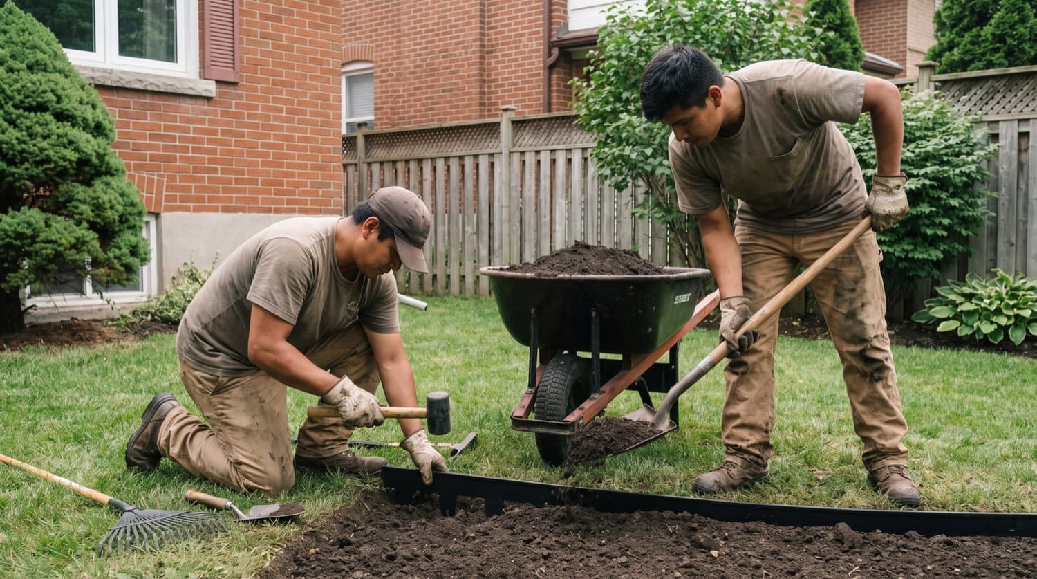 Two-person landscaping crew installing a garden bed and edging in a Toronto backyard on a summer morning