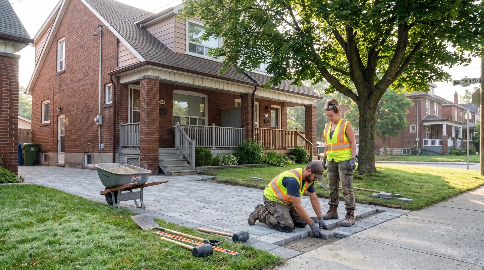 Landscaping crew installing interlocking pavers on a Toronto residential driveway on a summer morning